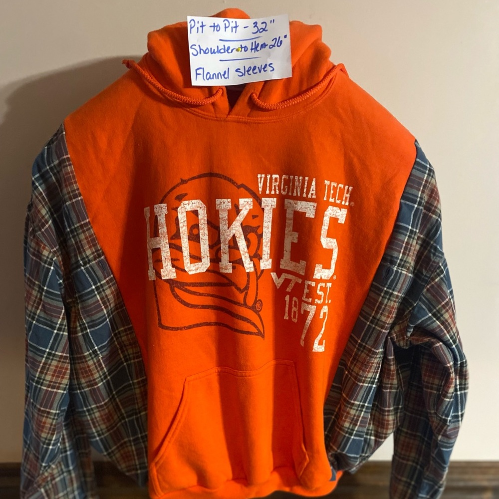 Orange Virginia Tech Hokies Hoodie with Flannel Sleeves size XL